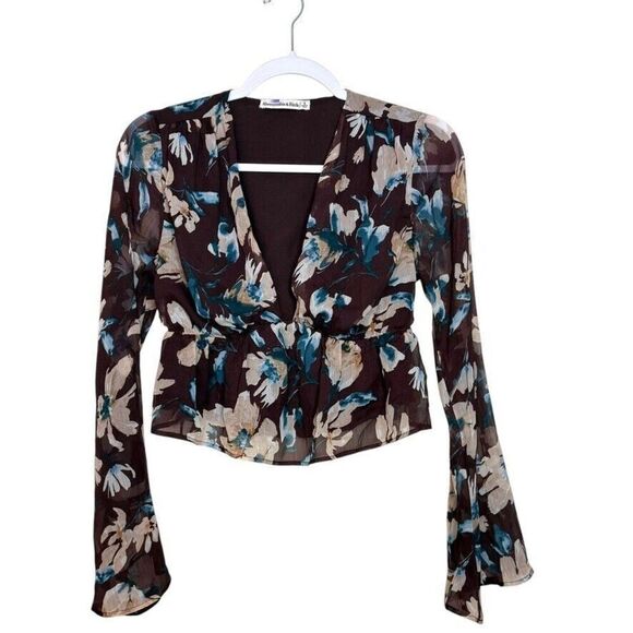 Abercrombie & Fitch Floral Crop Top Bell Sleeve Women S Brown V Neck Boho - Picture 1 of 5